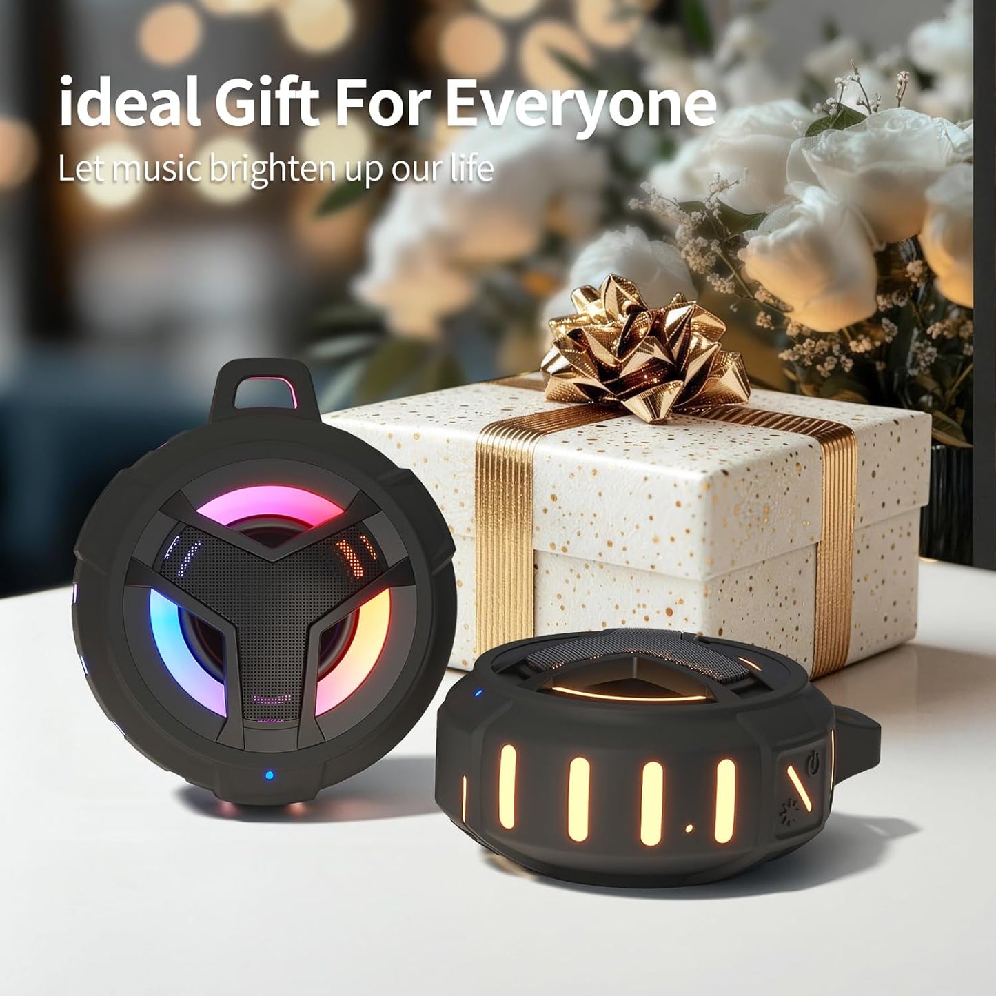 Bluetooth Shower Waterproof Speaker Portable Gifts for Kayak Teens | IP67 Small Mini Speakers with LED Light, Floating, 2000Mah, True Wireless Stereo for Hiking, Beach, Stuff for Boys Men-Black