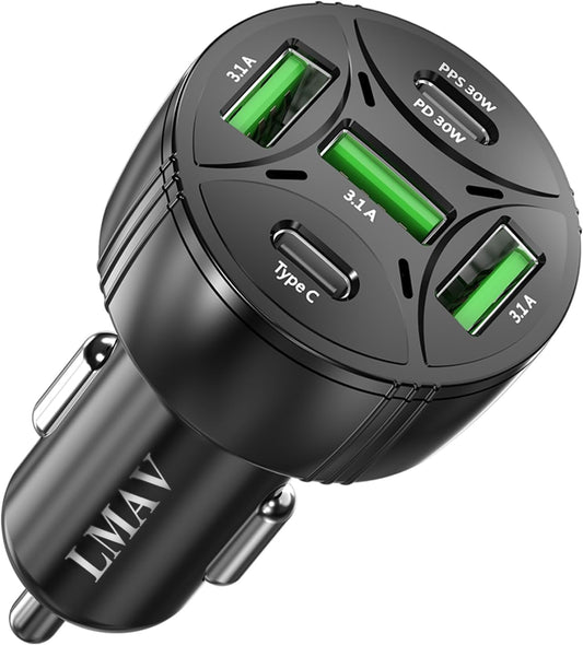USB C Car Charger Adapter, 5 Ports 75W PD 3.0 Car Phone Charger Fast Charging Compatible with Iphone 16/15/14/13 Pro Max Series, Ipad Pro, Galaxy S24/S23/S22/Note 20, Android, Pixel.