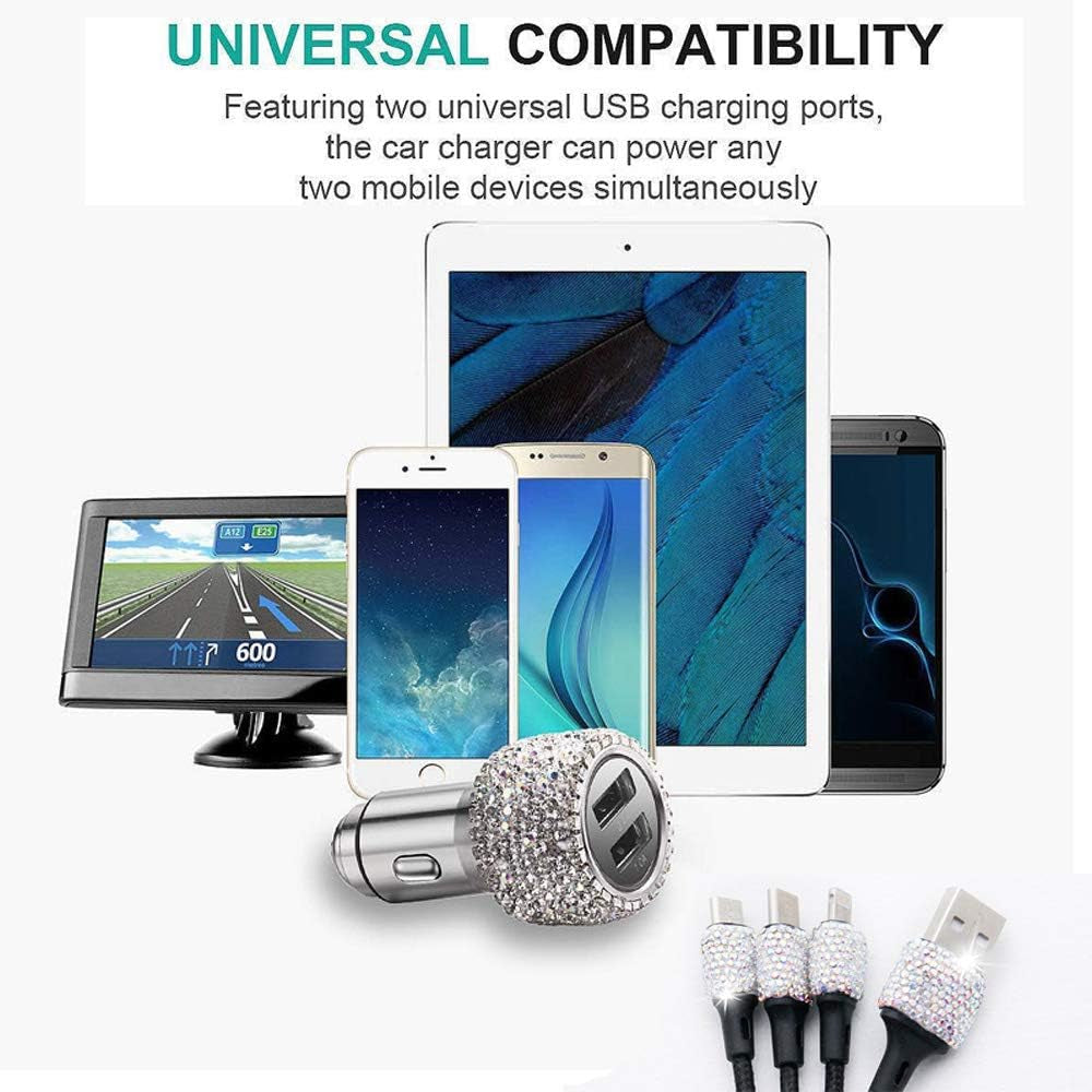 Bling Car Charger Accessories Set,Rhinestone Dual USB Car Chargers + Bling 3 In1 Nylon Braided Charging Cable,Bling Crystal Decoration Car Accessories Kits for Girl and Women (Silver)