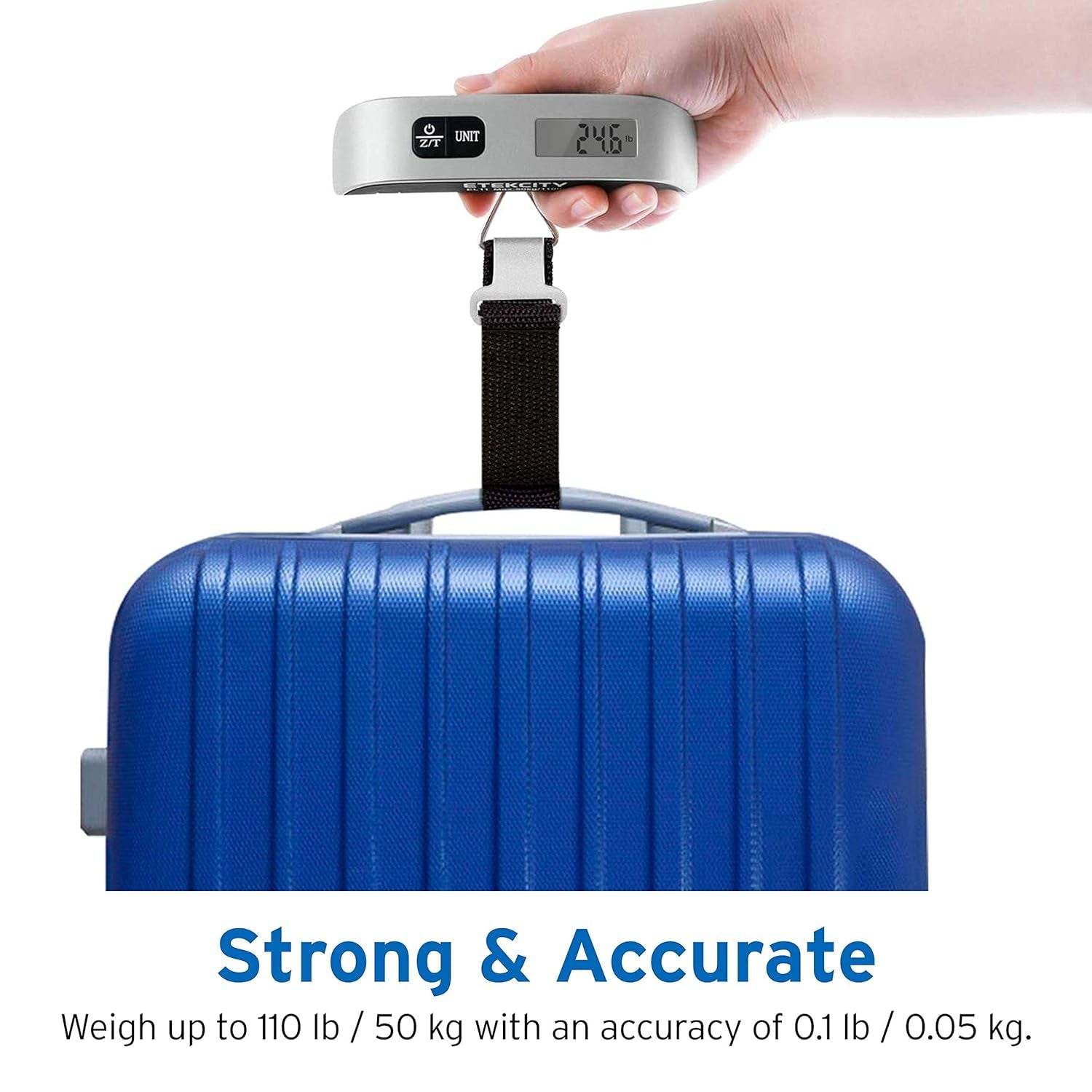 Luggage Scale, Travel Essentials, Digital Suitcase Weight Scales for Travel Accessories, Hanging Baggage Scale with Hook, 110 Pounds, Battery Included, Silver | Travel Essentials, Air Travel, Suitcase, Hanging Hook, Rubber Grip, Battery Included, Easy-To-Read Display
