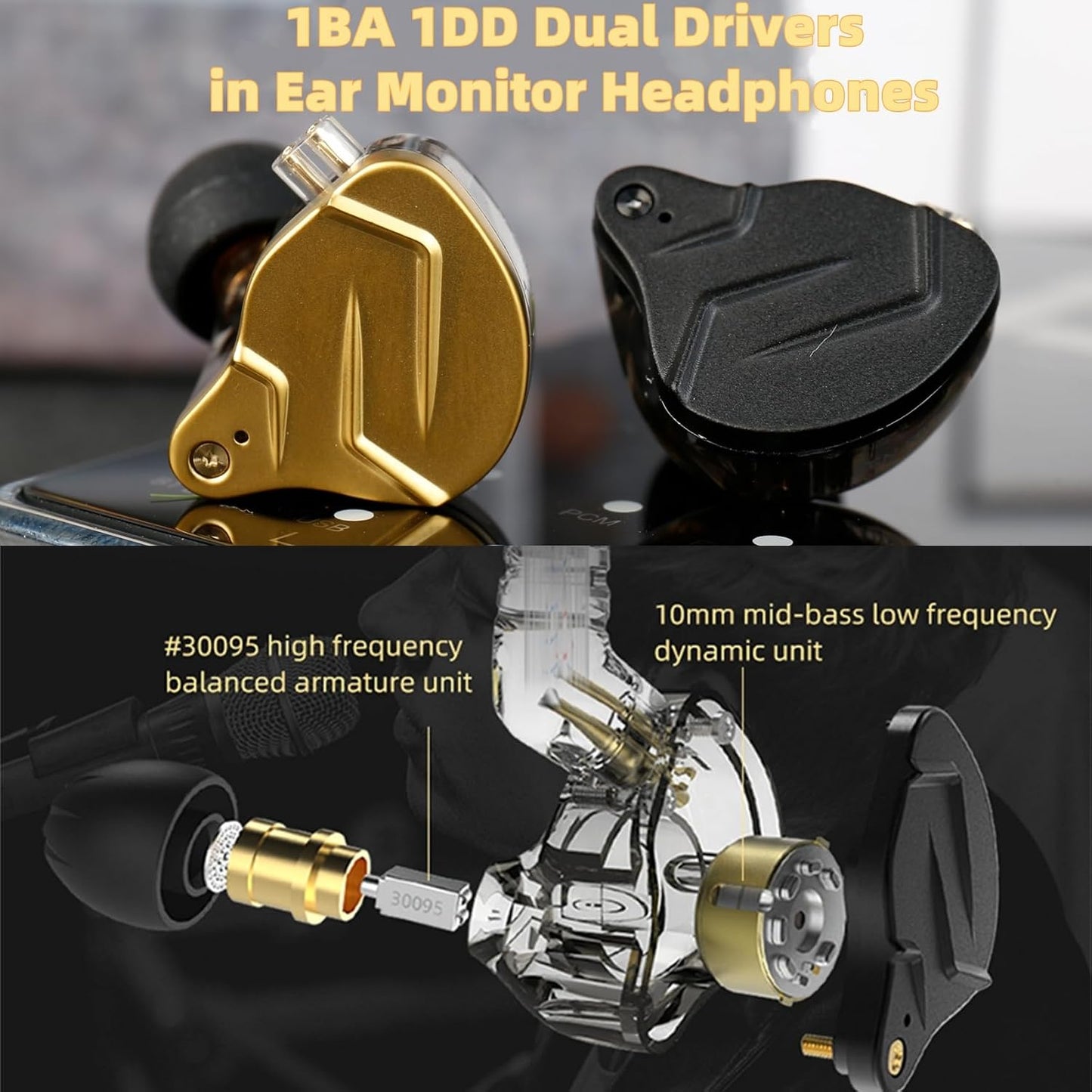 KZ ZSN PRO X in Ear Monitor Headphones Gaming Earbuds, High Fidelity Wired Earbuds, Hybrid Dual Driver IEMS Earphones with 1BA 1DD Detachable Tangle-Free Cable for Computer Tablet (Gold, without Mic)