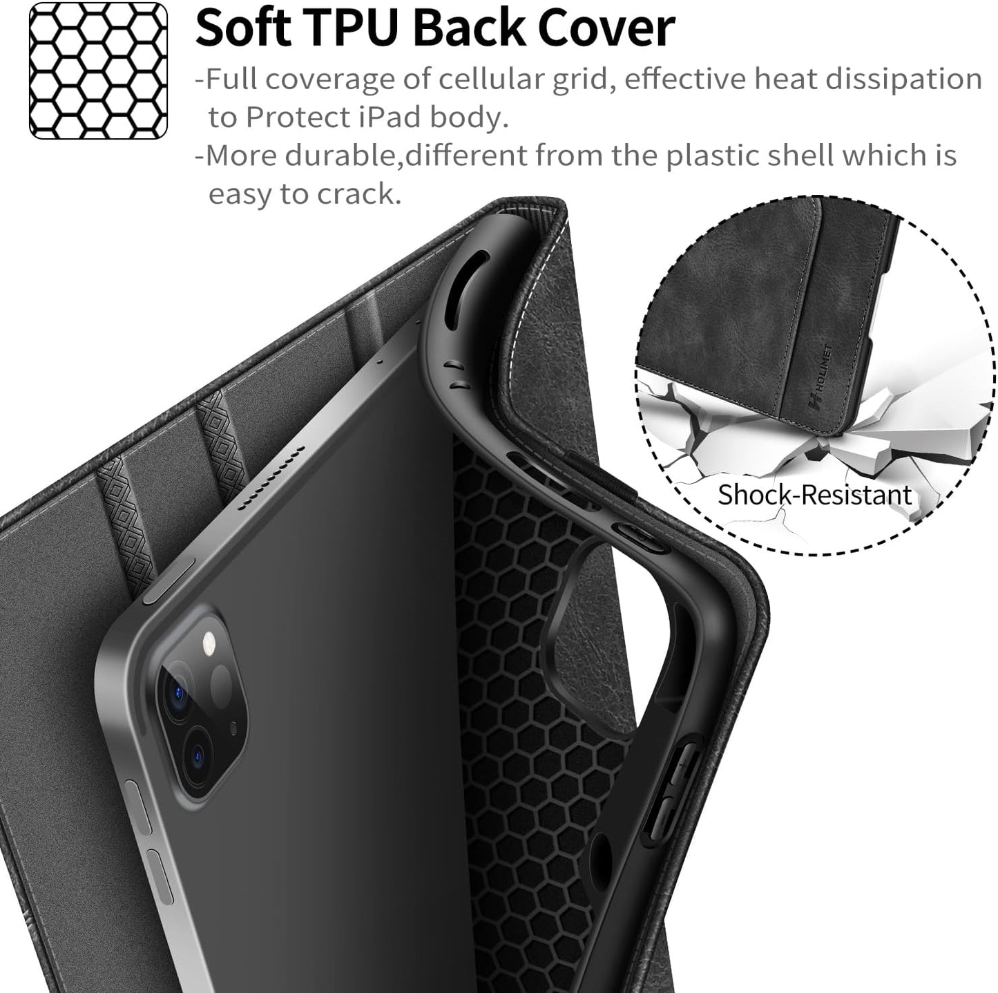 Case for Ipad Pro 12.9 2022 6Th/5Th/4Th/3Rd Generation | with Pencil Holder Pocket Folio Stand Cover Soft TPU Back Shockproof , Auto Sleep/Wake,Vegan Leather