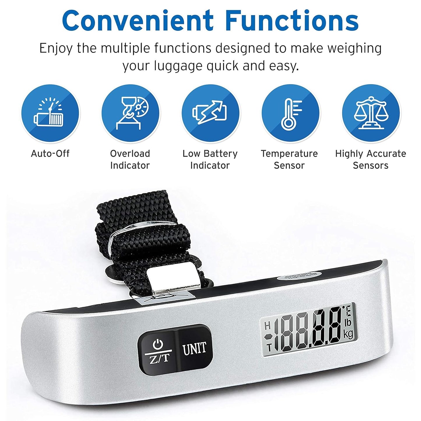 Luggage Scale, Travel Essentials, Digital Suitcase Weight Scales for Travel Accessories, Hanging Baggage Scale with Hook, 110 Pounds, Battery Included, Silver | Travel Essentials, Air Travel, Suitcase, Hanging Hook, Rubber Grip, Battery Included, Easy-To-Read Display