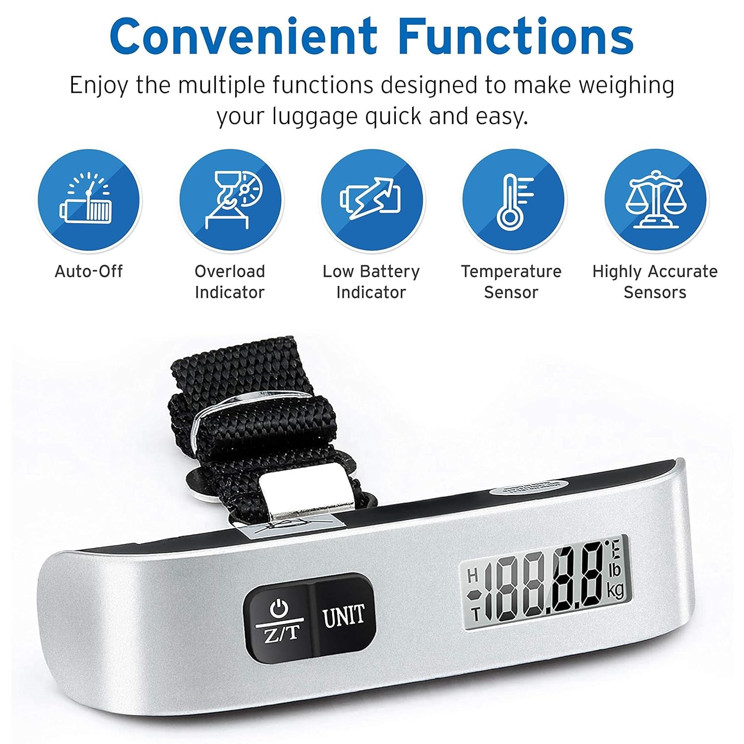 Luggage Scale, Travel Essentials, Digital Suitcase Weight Scales for Travel Accessories, Hanging Baggage Scale with Hook, 110 Pounds, Battery Included, Silver | Travel Essentials, Air Travel, Suitcase, Hanging Hook, Rubber Grip, Battery Included, Easy-To-Read Display
