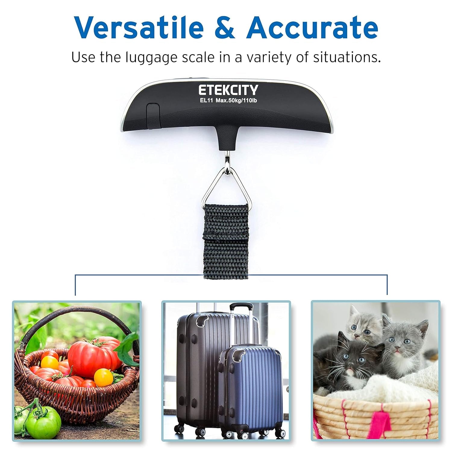 Luggage Scale, Travel Essentials, Digital Suitcase Weight Scales for Travel Accessories, Hanging Baggage Scale with Hook, 110 Pounds, Battery Included, Silver | Travel Essentials, Air Travel, Suitcase, Hanging Hook, Rubber Grip, Battery Included, Easy-To-Read Display