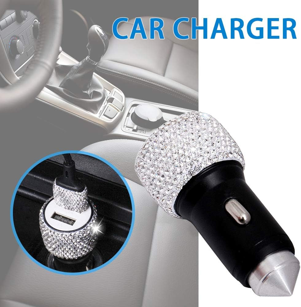 Bling Car Charger Accessories Set,Rhinestone Dual USB Car Chargers + Bling 3 In1 Nylon Braided Charging Cable,Bling Crystal Decoration Car Accessories Kits for Girl and Women (Silver)