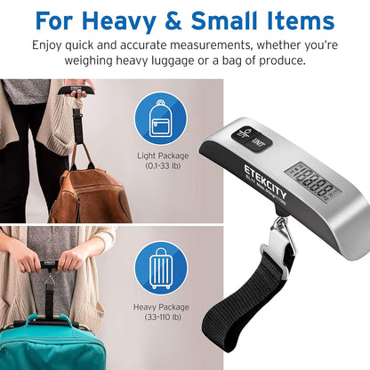 Luggage Scale, Travel Essentials, Digital Suitcase Weight Scales for Travel Accessories, Hanging Baggage Scale with Hook, 110 Pounds, Battery Included, Silver | Travel Essentials, Air Travel, Suitcase, Hanging Hook, Rubber Grip, Battery Included, Easy-To-Read Display