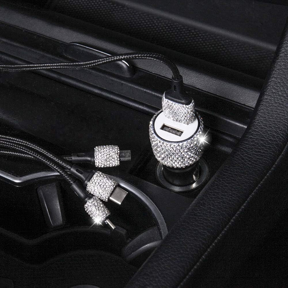 Bling Car Charger Accessories Set,Rhinestone Dual USB Car Chargers + Bling 3 In1 Nylon Braided Charging Cable,Bling Crystal Decoration Car Accessories Kits for Girl and Women (Silver)