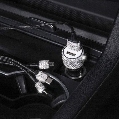 Bling Car Charger Accessories Set,Rhinestone Dual USB Car Chargers + Bling 3 In1 Nylon Braided Charging Cable,Bling Crystal Decoration Car Accessories Kits for Girl and Women (Silver)
