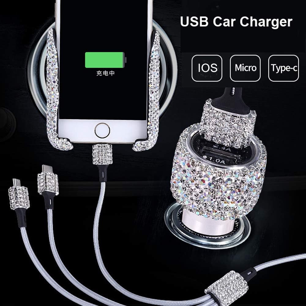 Bling Car Charger Accessories Set,Rhinestone Dual USB Car Chargers + Bling 3 In1 Nylon Braided Charging Cable,Bling Crystal Decoration Car Accessories Kits for Girl and Women (Silver)