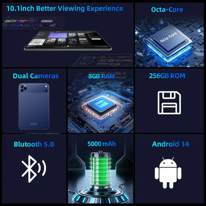 10.1" 2K Display Android 14 Tablet Bundle, 8+256GB, Wifi & SIM Supported, Home Tablet for Streaming, Reading & Browsing W/ Keyboard, Mouse, Stylus Set