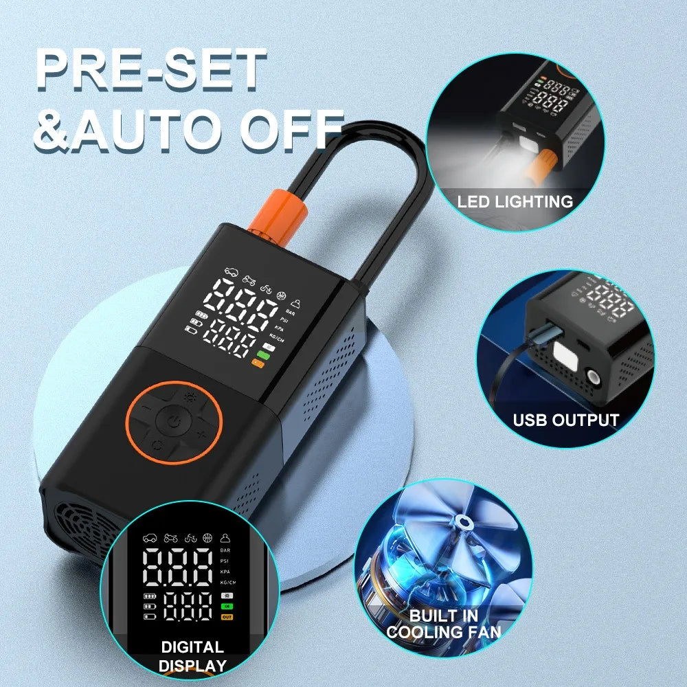 Portable Mini Air Inflator - Wireless Charging, Digital Display, Handheld Pump for Car and Bicycle Tires