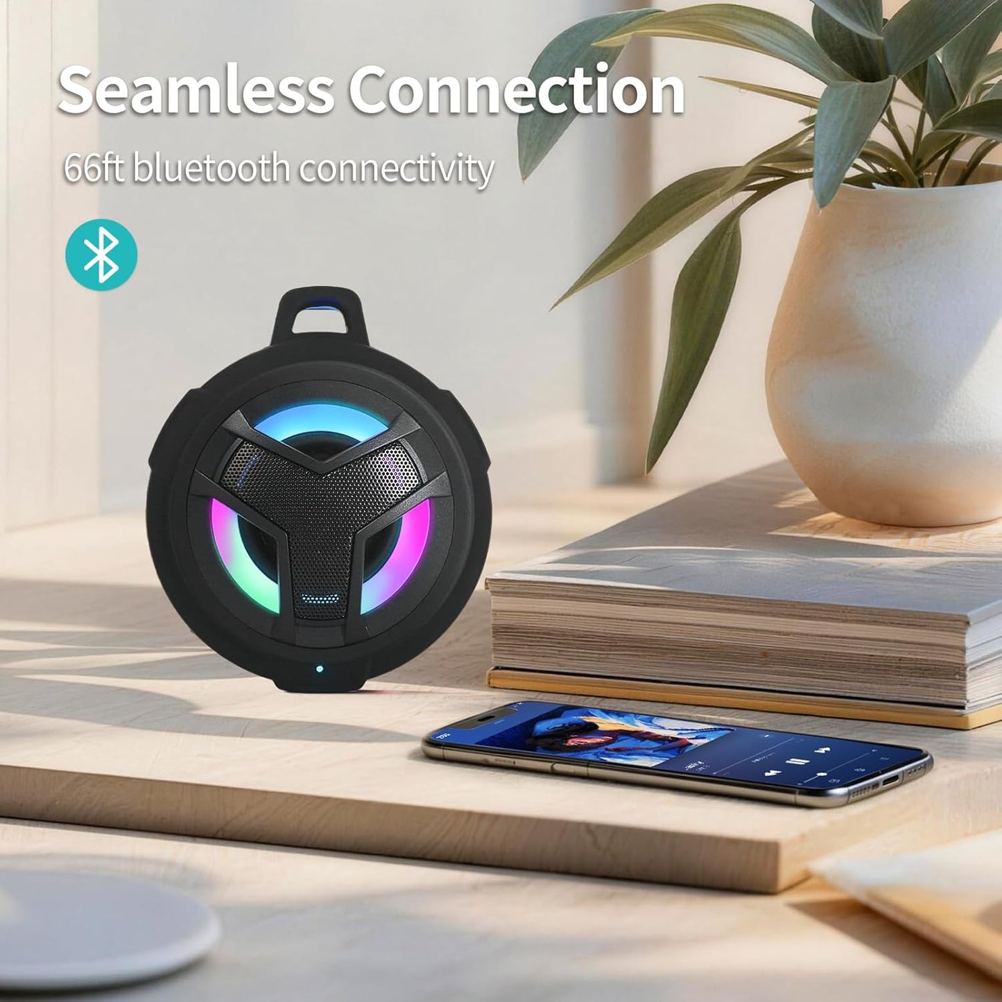 Bluetooth Shower Waterproof Speaker Portable Gifts for Kayak Teens | IP67 Small Mini Speakers with LED Light, Floating, 2000Mah, True Wireless Stereo for Hiking, Beach, Stuff for Boys Men-Black