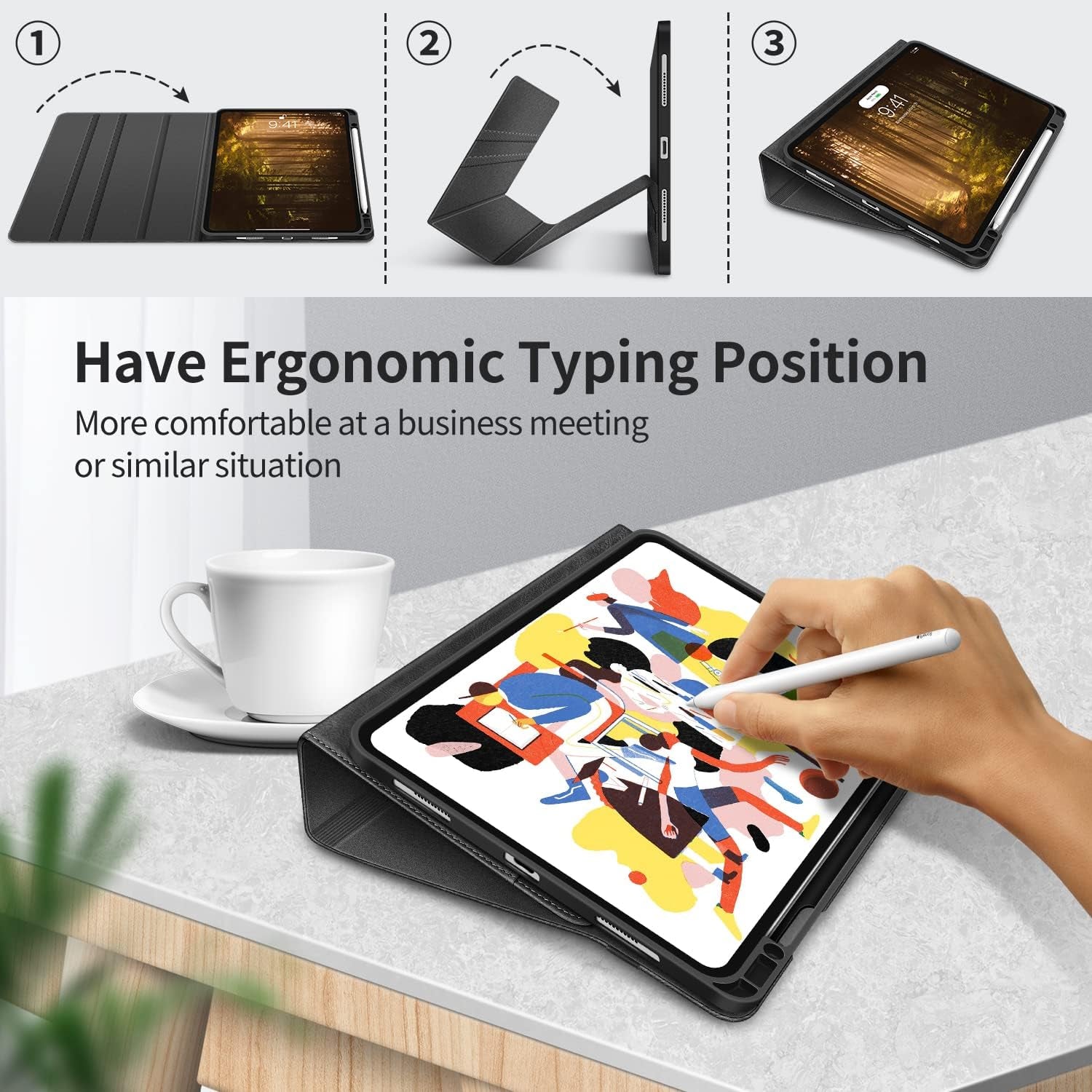 Case for Ipad Pro 12.9 2022 6Th/5Th/4Th/3Rd Generation | with Pencil Holder Pocket Folio Stand Cover Soft TPU Back Shockproof , Auto Sleep/Wake,Vegan Leather