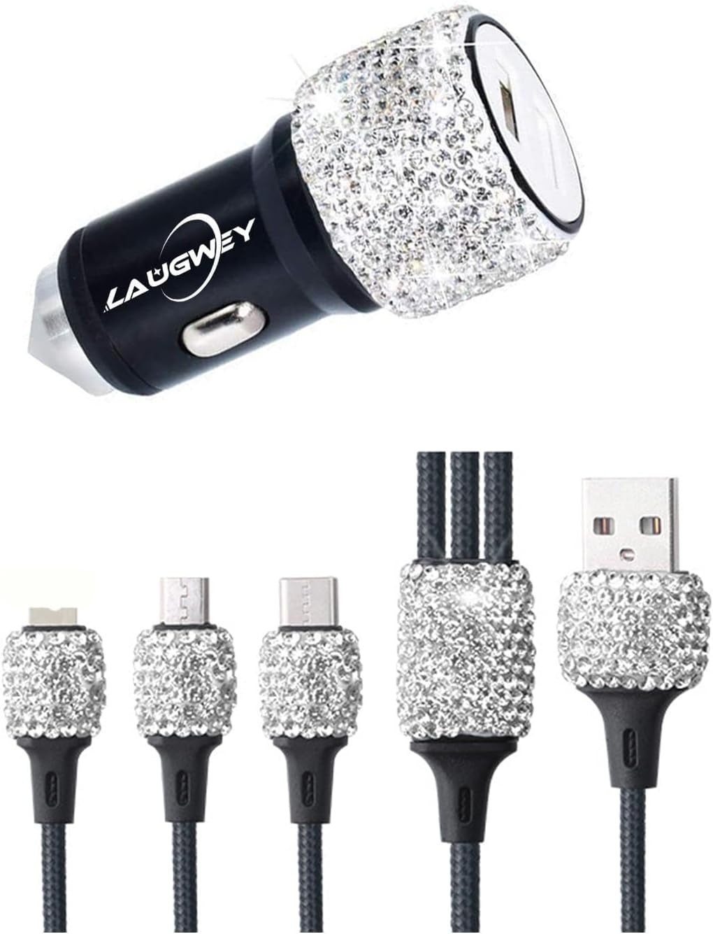 Bling Car Charger Accessories Set,Rhinestone Dual USB Car Chargers + Bling 3 In1 Nylon Braided Charging Cable,Bling Crystal Decoration Car Accessories Kits for Girl and Women (Silver)