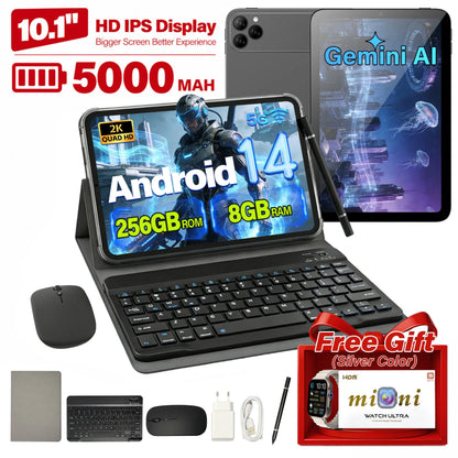 10.1" 2K Display Android 14 Tablet Bundle, 8+256GB, Wifi & SIM Supported, Home Tablet for Streaming, Reading & Browsing W/ Keyboard, Mouse, Stylus Set
