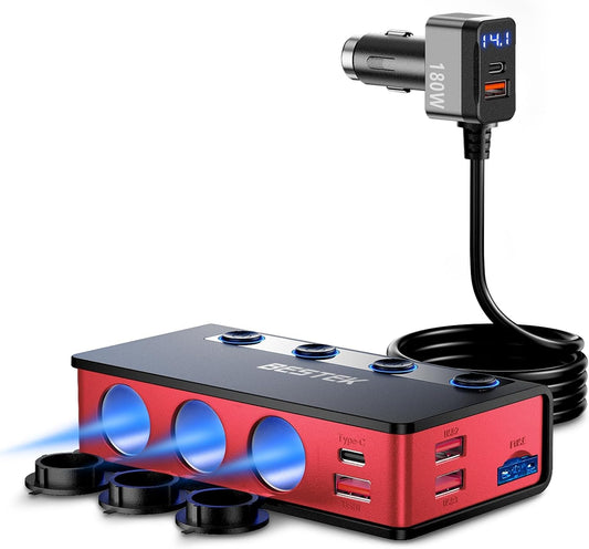 9 In1 Cigarette Lighter Splitter with 180W 3-Socket PD36W/65W Cigarette Lighter Adapter and QC3.0 18W Charging Ports, Car Cigarette Lighter for Dash Cam, GPS, Ipad/Laptop/Phone