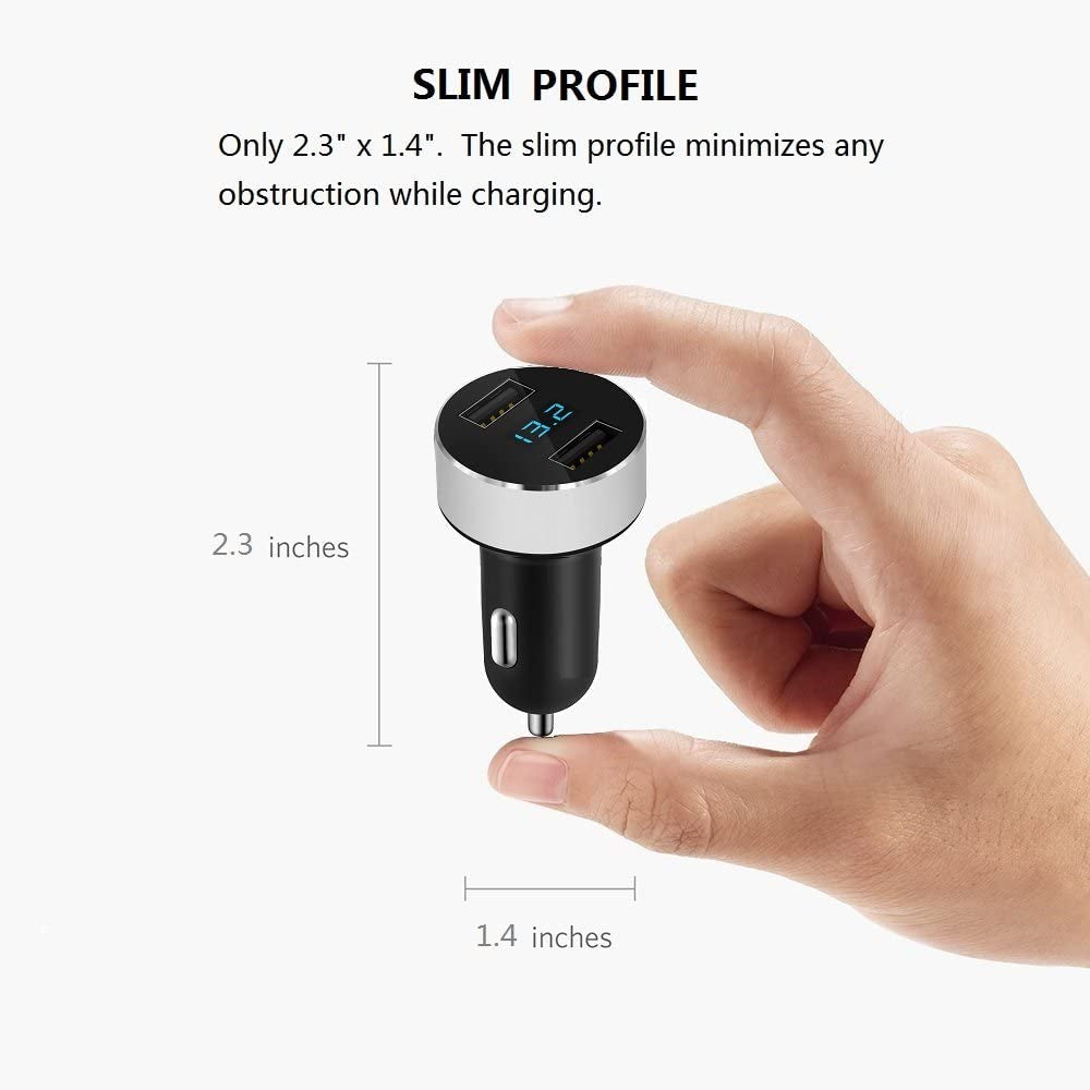 2 USB Car Charger,12V/24V Voltage Meter, Silver | Cigarette Lighter USB Adapter with LED Voltage Meter, 12V/24V Car Charger Compatible for Iphone, Samsung, Ipad, GPS, Dash Cam