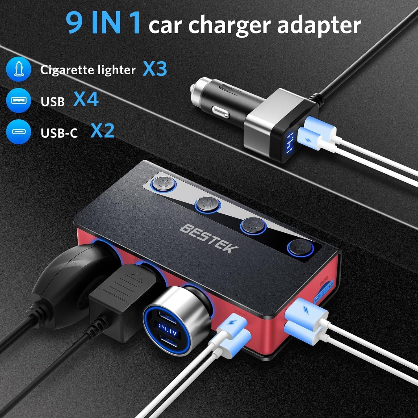 9 In1 Cigarette Lighter Splitter with 180W 3-Socket PD36W/65W Cigarette Lighter Adapter and QC3.0 18W Charging Ports, Car Cigarette Lighter for Dash Cam, GPS, Ipad/Laptop/Phone