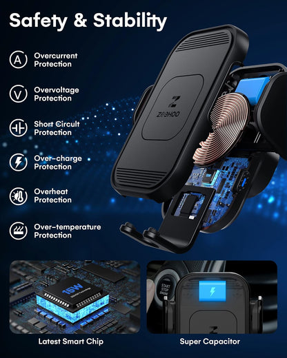Wireless Car Charger, 15W Fast Charging, Auto Clamping Car Phone Mount, Cell Phone Holder Charger, for Iphone17 16 15 14 13 12 11 Pro Max Xs, Etc. (Black)