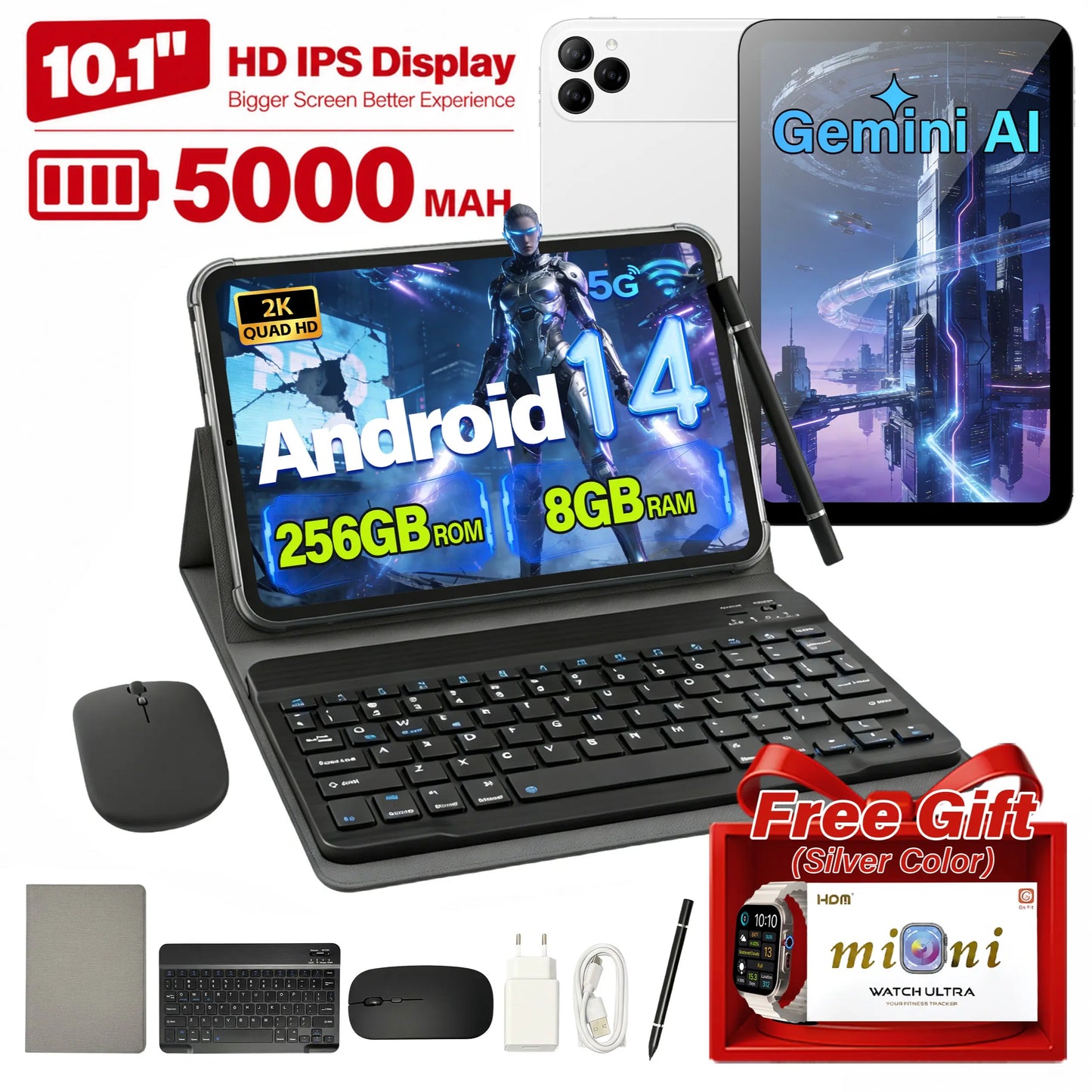 10.1" 2K Display Android 14 Tablet Bundle, 8+256GB, Wifi & SIM Supported, Home Tablet for Streaming, Reading & Browsing W/ Keyboard, Mouse, Stylus Set