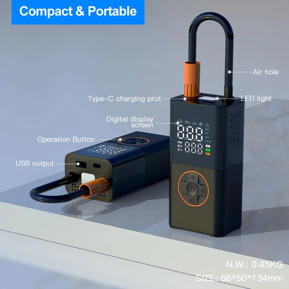 Portable Mini Air Inflator - Wireless Charging, Digital Display, Handheld Pump for Car and Bicycle Tires