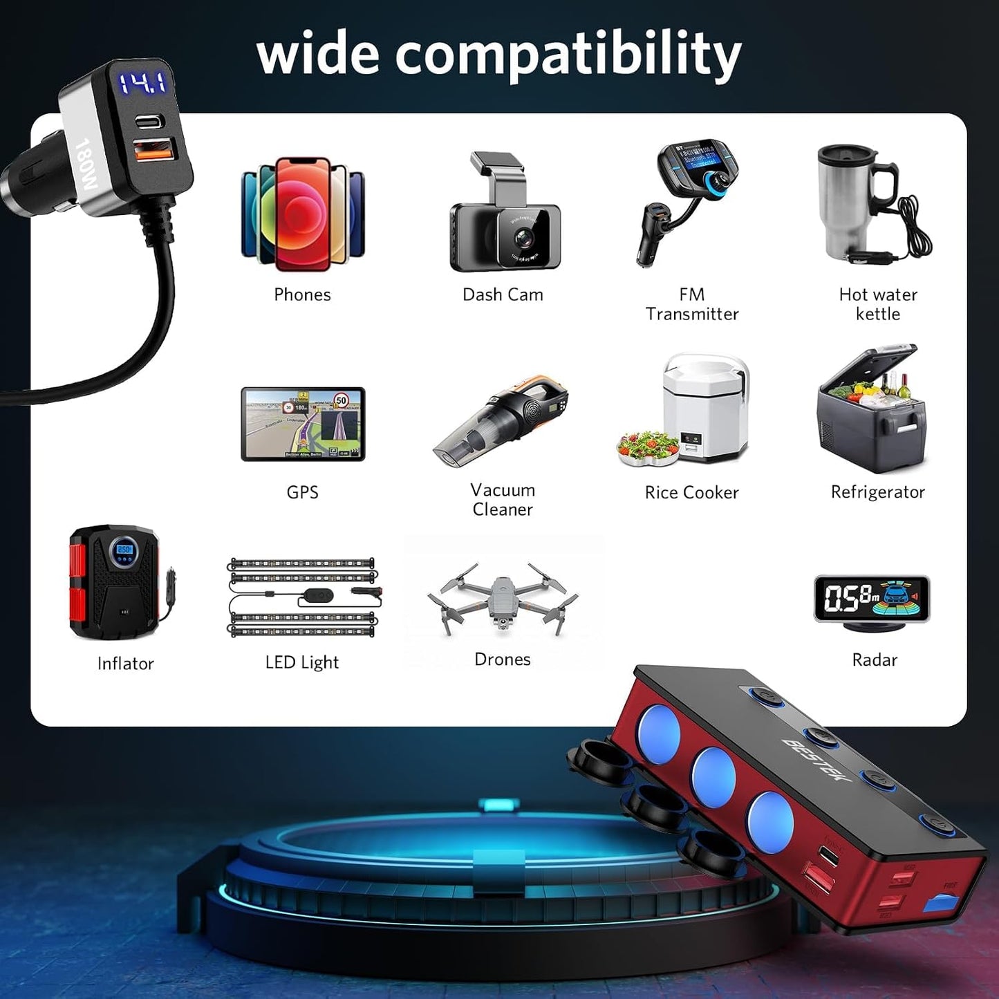 9 In1 Cigarette Lighter Splitter with 180W 3-Socket PD36W/65W Cigarette Lighter Adapter and QC3.0 18W Charging Ports, Car Cigarette Lighter for Dash Cam, GPS, Ipad/Laptop/Phone