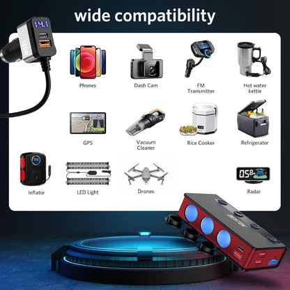 9 In1 Cigarette Lighter Splitter with 180W 3-Socket PD36W/65W Cigarette Lighter Adapter and QC3.0 18W Charging Ports, Car Cigarette Lighter for Dash Cam, GPS, Ipad/Laptop/Phone