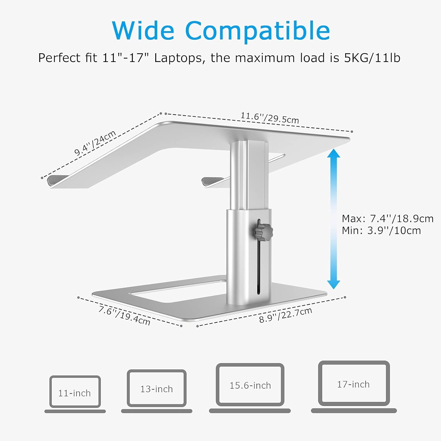 Laptop Stand, Height Adjustable Laptop Riser for 11-17" Laptops | Ergonomic Laptop Stand for Desk, Ventilated with U-Shaped Open Design, Sturdy Notebook Stand for 10-17'' Laptops, Silver