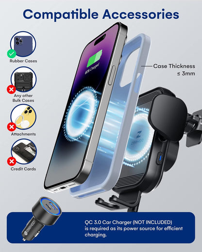 Wireless Car Charger, 15W Fast Charging, Auto Clamping Car Phone Mount, Cell Phone Holder Charger, for Iphone17 16 15 14 13 12 11 Pro Max Xs, Etc. (Black)