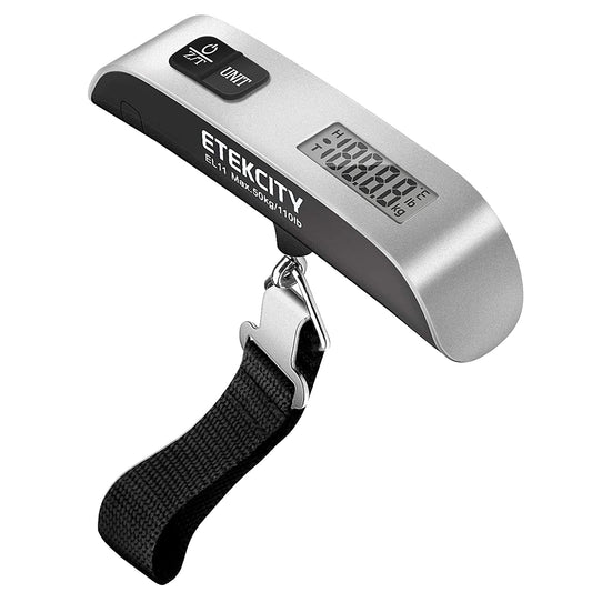 Luggage Scale, Travel Essentials, Digital Suitcase Weight Scales for Travel Accessories, Hanging Baggage Scale with Hook, 110 Pounds, Battery Included, Silver | Travel Essentials, Air Travel, Suitcase, Hanging Hook, Rubber Grip, Battery Included, Easy-To-Read Display