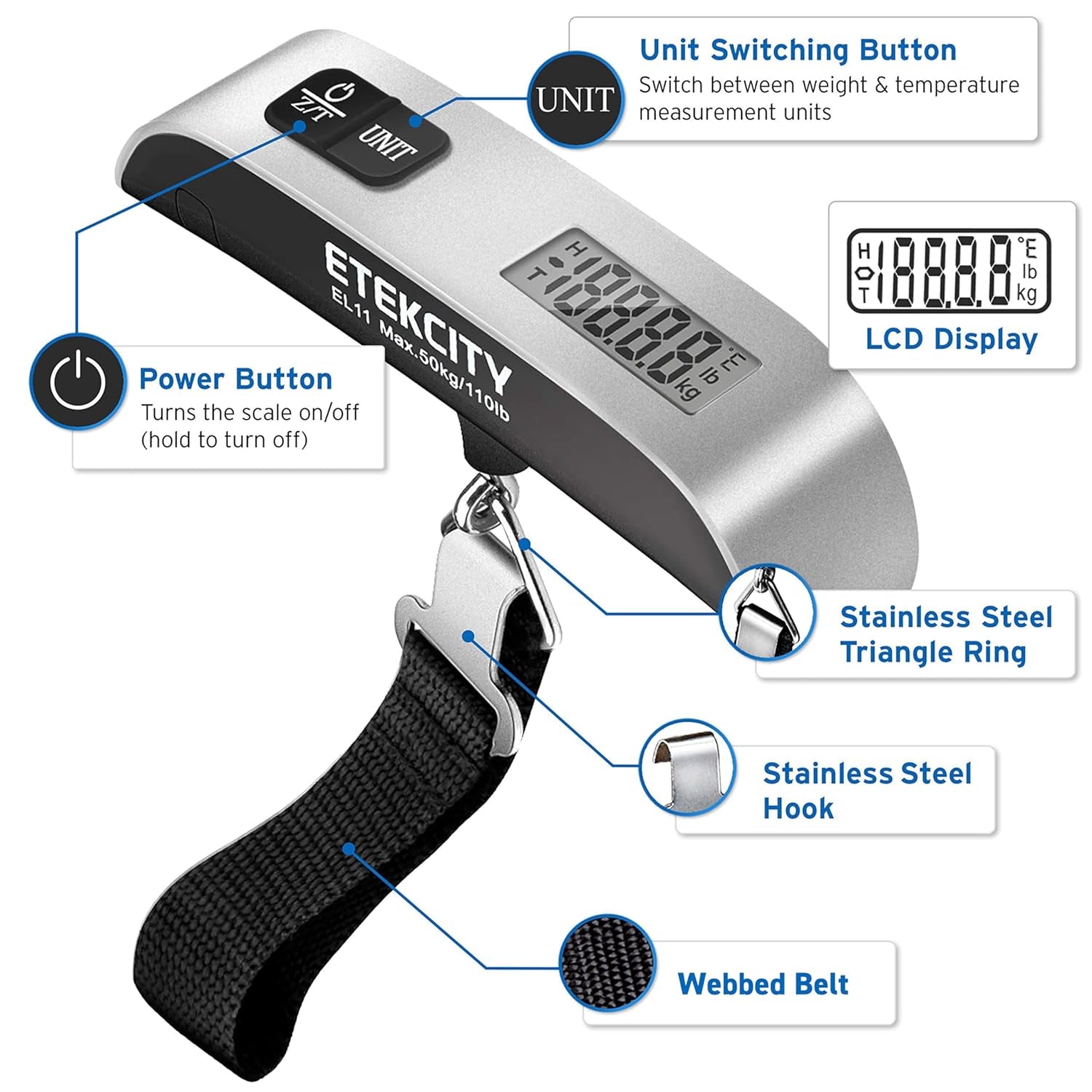 Luggage Scale, Travel Essentials, Digital Suitcase Weight Scales for Travel Accessories, Hanging Baggage Scale with Hook, 110 Pounds, Battery Included, Silver | Travel Essentials, Air Travel, Suitcase, Hanging Hook, Rubber Grip, Battery Included, Easy-To-Read Display