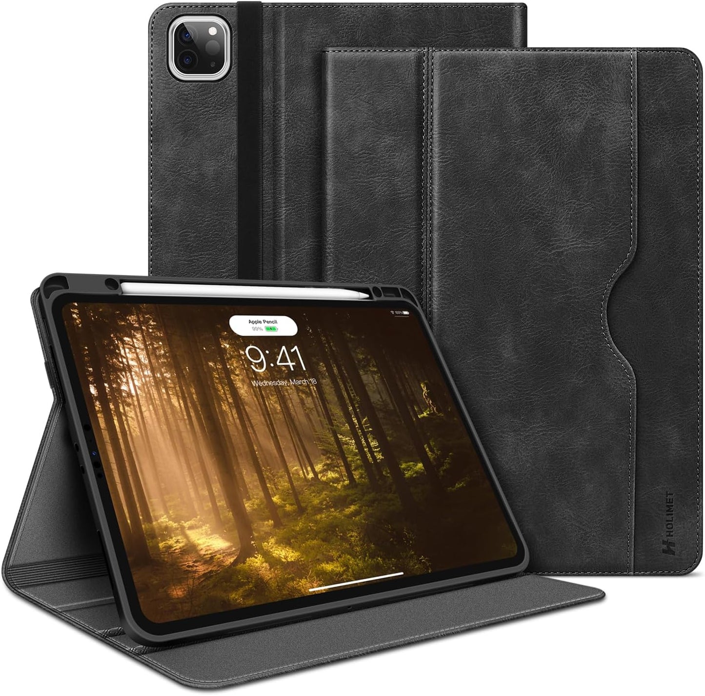 Case for Ipad Pro 12.9 2022 6Th/5Th/4Th/3Rd Generation | with Pencil Holder Pocket Folio Stand Cover Soft TPU Back Shockproof , Auto Sleep/Wake,Vegan Leather