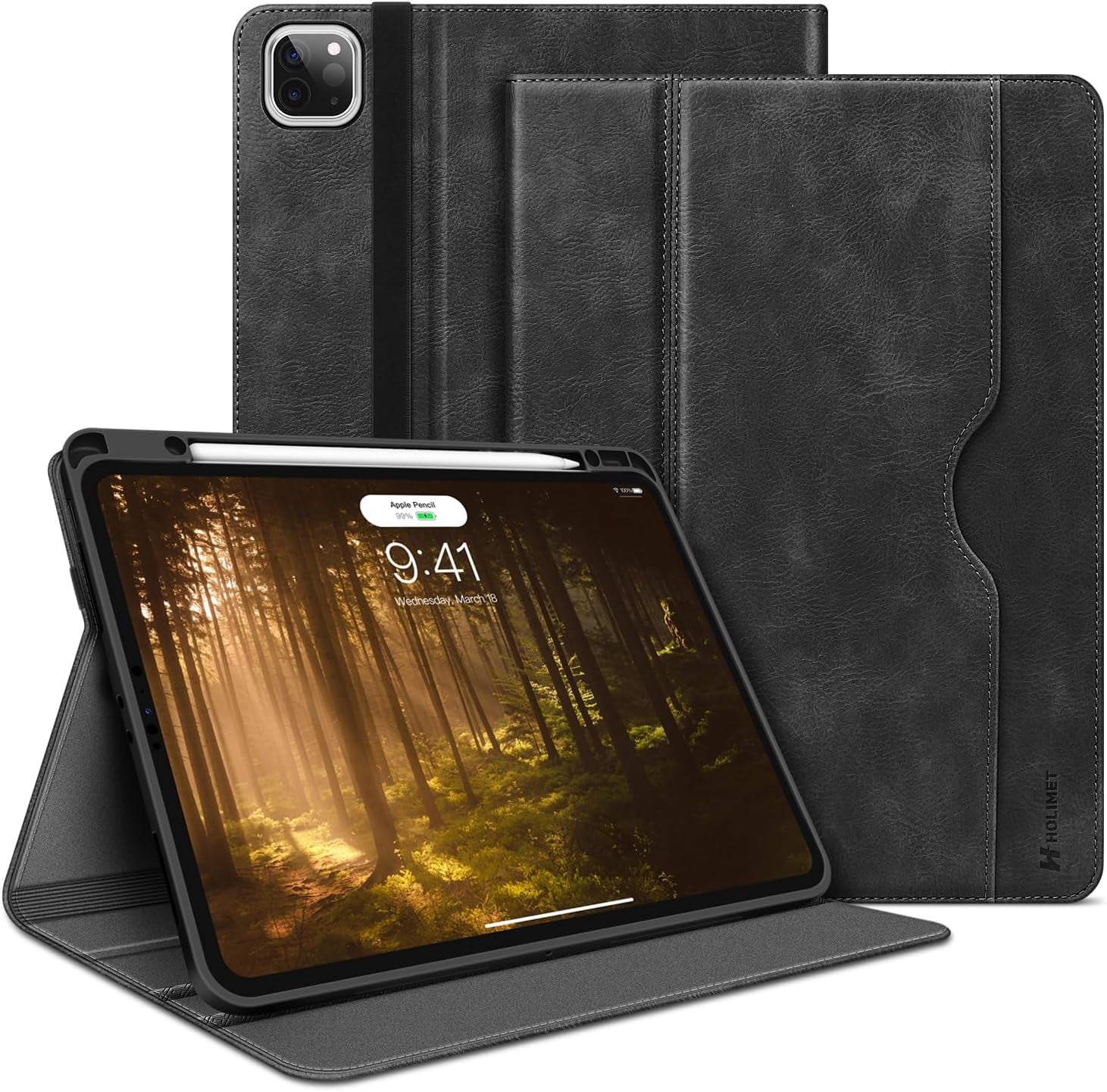 Case for Ipad Pro 12.9 2022 6Th/5Th/4Th/3Rd Generation | with Pencil Holder Pocket Folio Stand Cover Soft TPU Back Shockproof , Auto Sleep/Wake,Vegan Leather