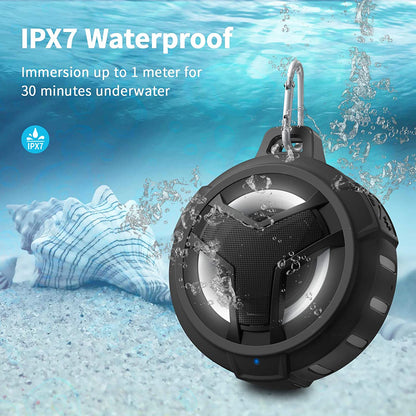 Bluetooth Shower Waterproof Speaker Portable Gifts for Kayak Teens | IP67 Small Mini Speakers with LED Light, Floating, 2000Mah, True Wireless Stereo for Hiking, Beach, Stuff for Boys Men-Black