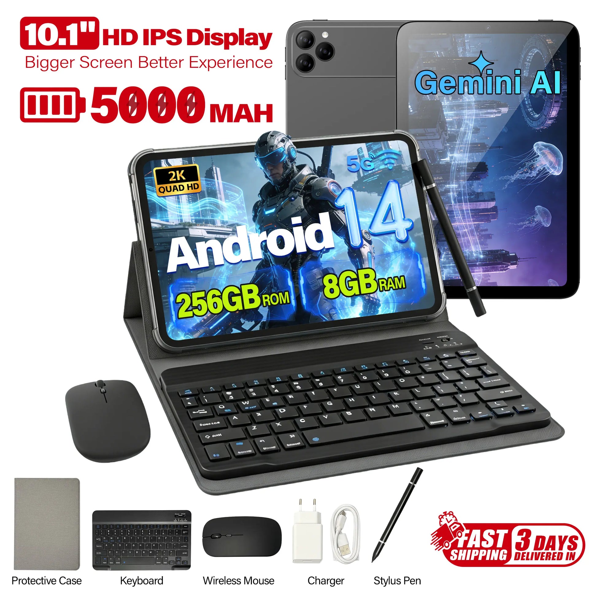 10.1" 2K Display Android 14 Tablet Bundle, 8+256GB, Wifi & SIM Supported, Home Tablet for Streaming, Reading & Browsing W/ Keyboard, Mouse, Stylus Set