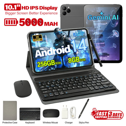 10.1" 2K Display Android 14 Tablet Bundle, 8+256GB, Wifi & SIM Supported, Home Tablet for Streaming, Reading & Browsing W/ Keyboard, Mouse, Stylus Set