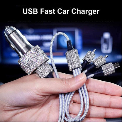 Bling Car Charger Accessories Set,Rhinestone Dual USB Car Chargers + Bling 3 In1 Nylon Braided Charging Cable,Bling Crystal Decoration Car Accessories Kits for Girl and Women (Silver)