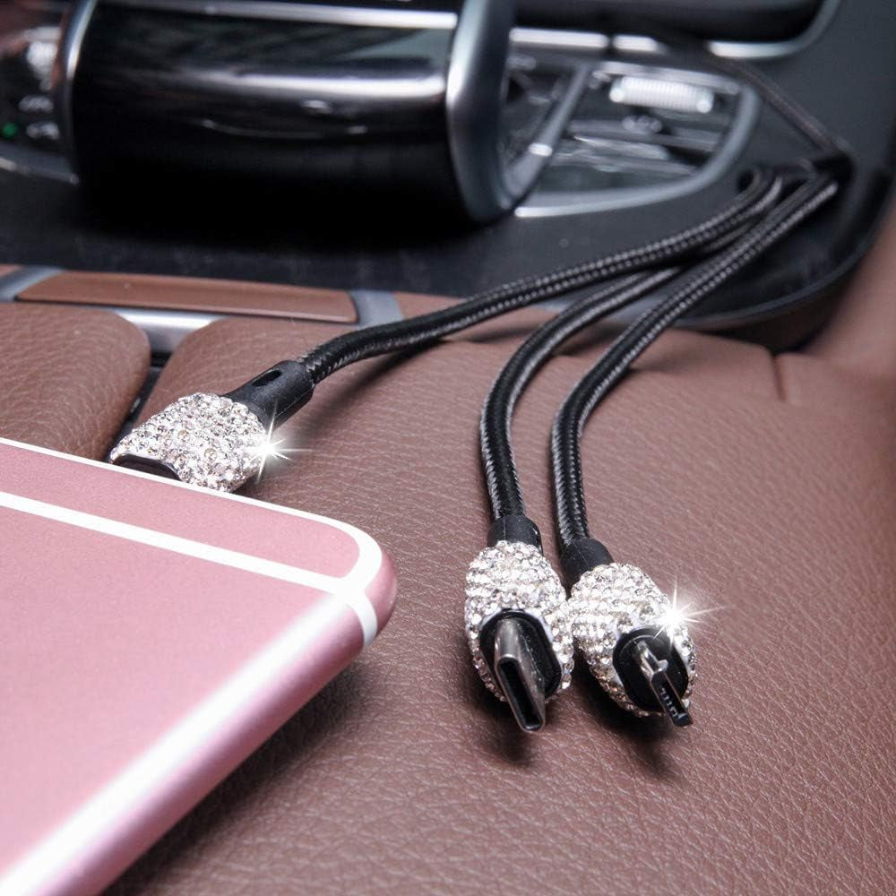 Bling Car Charger Accessories Set,Rhinestone Dual USB Car Chargers + Bling 3 In1 Nylon Braided Charging Cable,Bling Crystal Decoration Car Accessories Kits for Girl and Women (Silver)