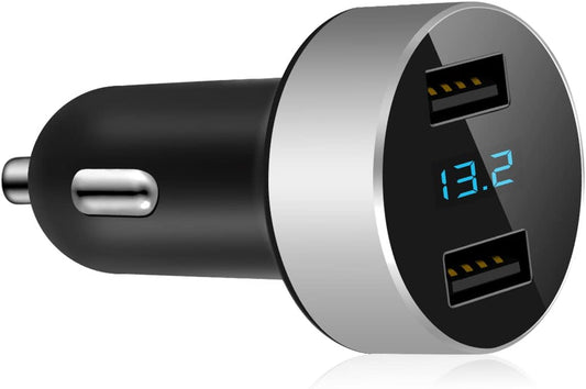 2 USB Car Charger,12V/24V Voltage Meter, Silver | Cigarette Lighter USB Adapter with LED Voltage Meter, 12V/24V Car Charger Compatible for Iphone, Samsung, Ipad, GPS, Dash Cam