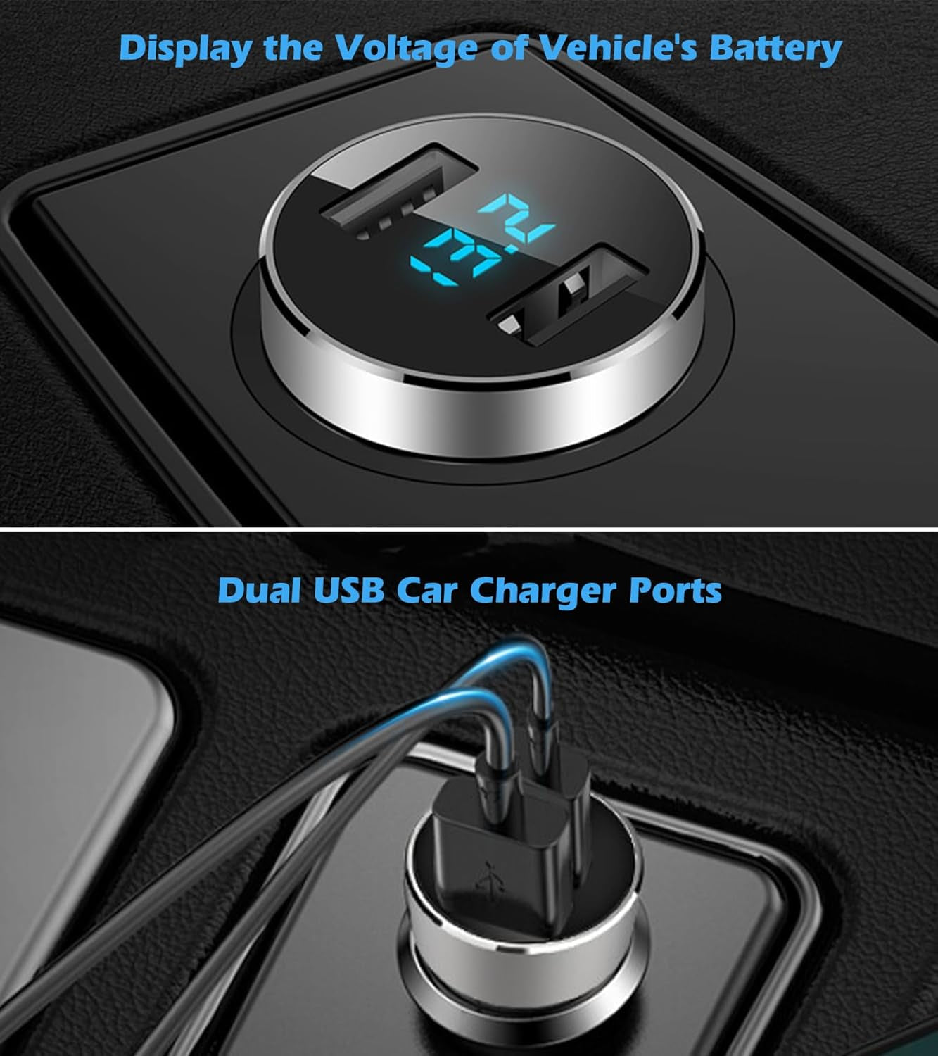 2 USB Car Charger,12V/24V Voltage Meter, Silver | Cigarette Lighter USB Adapter with LED Voltage Meter, 12V/24V Car Charger Compatible for Iphone, Samsung, Ipad, GPS, Dash Cam