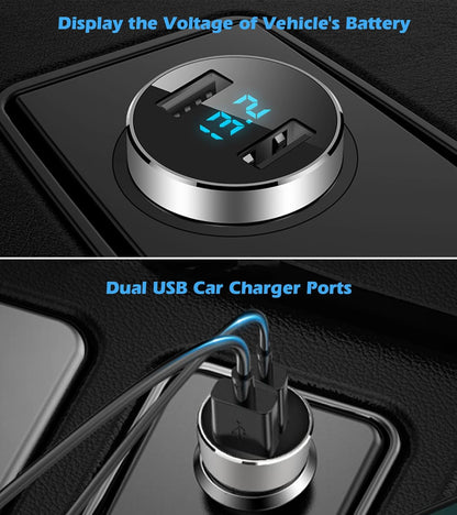 2 USB Car Charger,12V/24V Voltage Meter, Silver | Cigarette Lighter USB Adapter with LED Voltage Meter, 12V/24V Car Charger Compatible for Iphone, Samsung, Ipad, GPS, Dash Cam