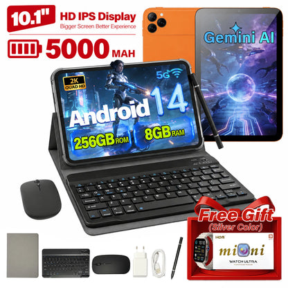 10.1" 2K Display Android 14 Tablet Bundle, 8+256GB, Wifi & SIM Supported, Home Tablet for Streaming, Reading & Browsing W/ Keyboard, Mouse, Stylus Set