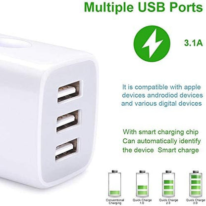 USB Charging Plug, Wall Charger Adapter,  3Pack Universal Travel 3.1A | 3Muti Port Fast Charging Block Compatible with Iphone 17 16 15 14 13 SE 12Pro, Samsung Galaxy S26 S25 S24 S23 Ultra, Google