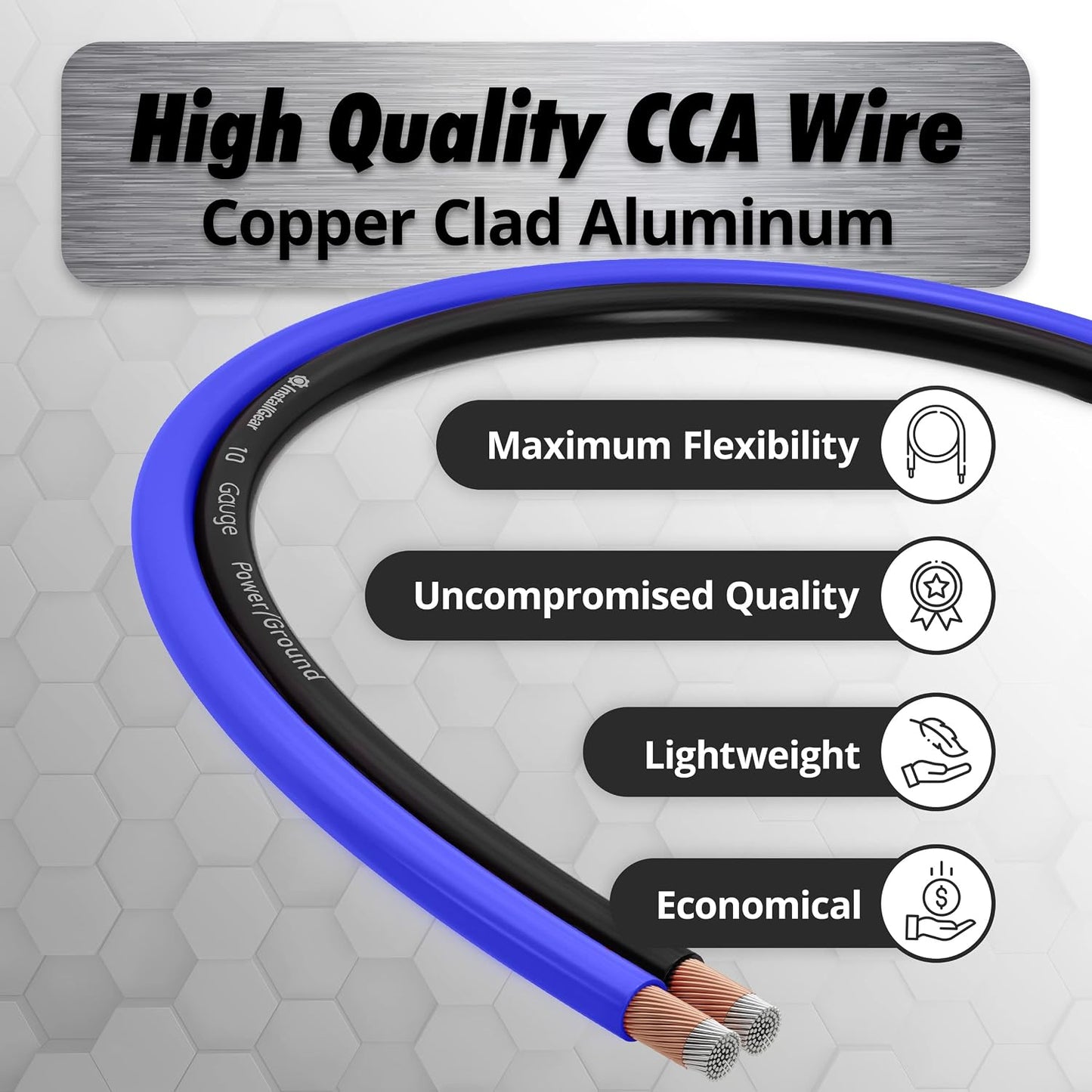 10 Gauge (50Ft) Copper Clad Aluminum CAA - Primary Automotive, Amplifier Power and Ground Cable, Battery Cable, Audio Speaker Stereo, RV Trailer Wiring Welding Cable
