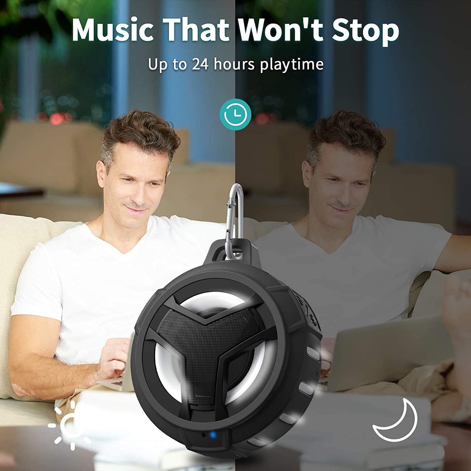 Bluetooth Shower Waterproof Speaker Portable Gifts for Kayak Teens | IP67 Small Mini Speakers with LED Light, Floating, 2000Mah, True Wireless Stereo for Hiking, Beach, Stuff for Boys Men-Black