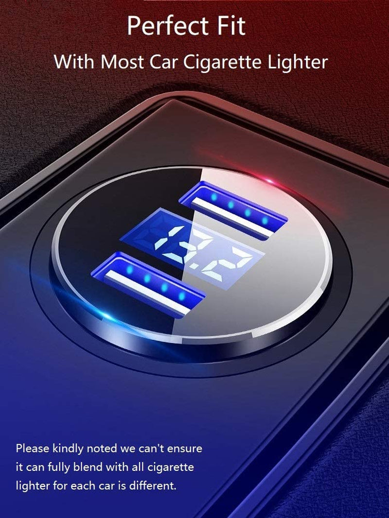 2 USB Car Charger,12V/24V Voltage Meter, Silver | Cigarette Lighter USB Adapter with LED Voltage Meter, 12V/24V Car Charger Compatible for Iphone, Samsung, Ipad, GPS, Dash Cam